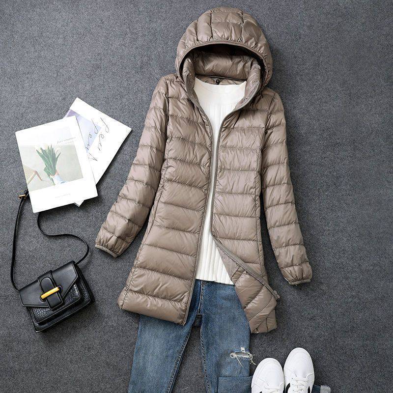 Jachetă subțire de puf de toamnă și iarnă pentru femei Jachetă de puf subțire medie și lungă cu glugă detașabilă