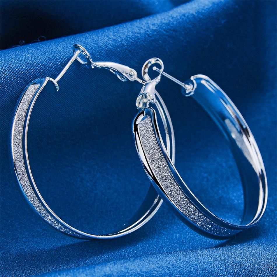 1 Pair of 925 Sterling Silver 37mm Large Round Frosted Hoop Earrings for Women Gift Fashion Jewelry Accessories Party