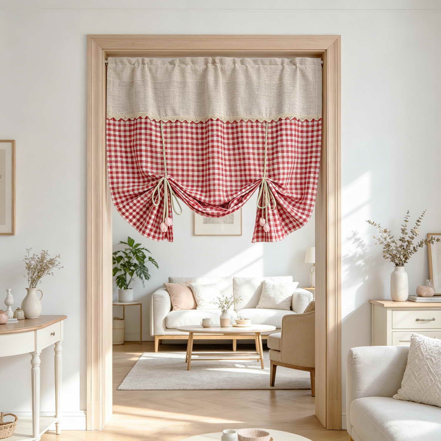 1 ST Pastorale Groene Geruite Steken Gordijn voor Woonkamer, Keuken, Kast, Deur, Studeerkamer Verstelbare Gordijn Home Decoratie W100CM X H100CM&Special Rod Pocket&1 panel rood