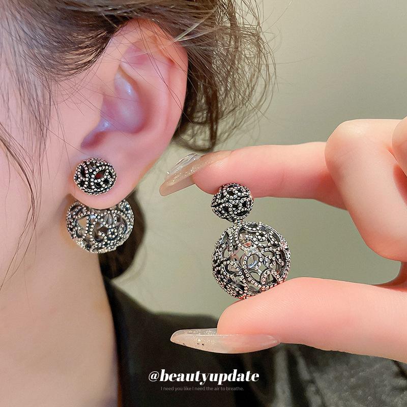 Hollow Round Front and Rear Two Earrings French Versatile Stud Earrings Metal Ethnic Style Earrings