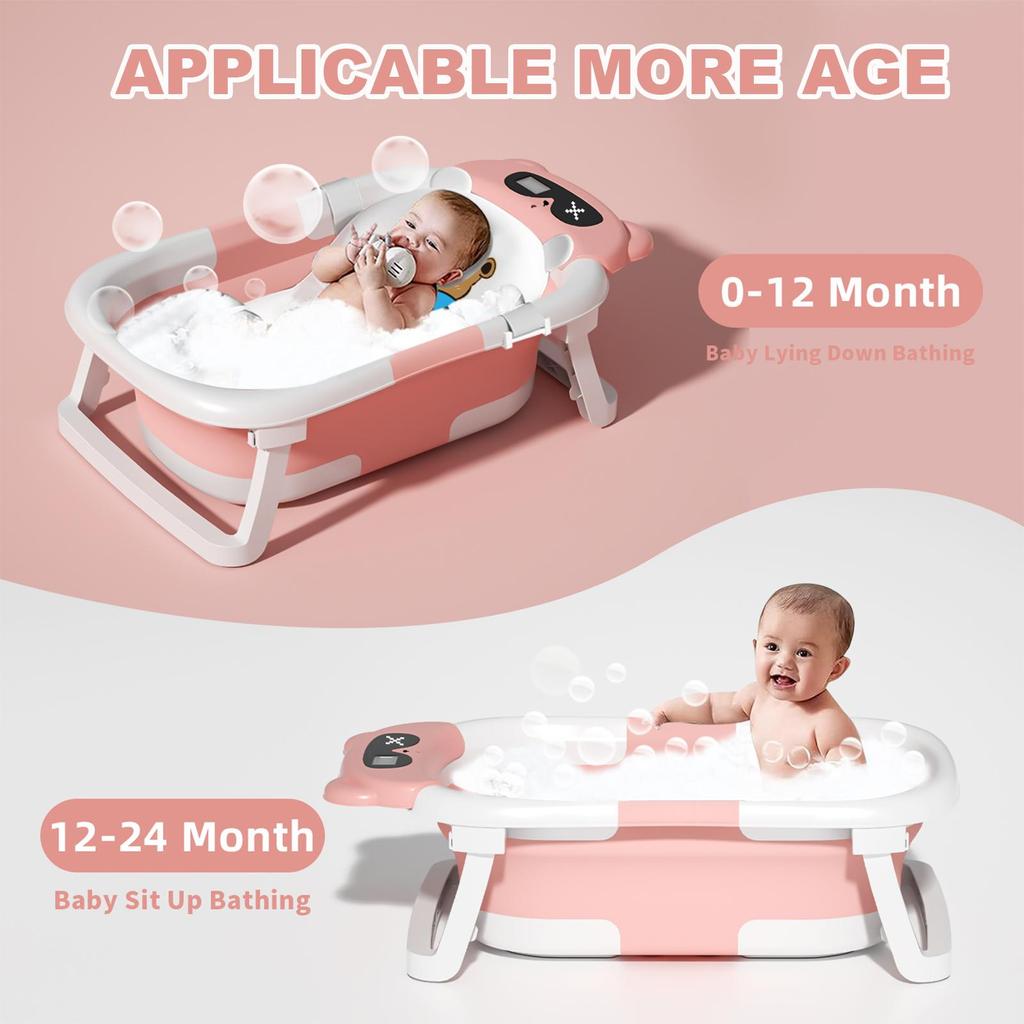 Foldable Baby Bathtub for Infants To Toddler, Portable Travel Bathtub with Thermometer & Bath Cushion & Bath Cap, Baby Bathtub for Newborn 0-36 Month