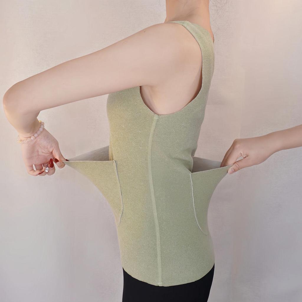 Women's Seamless Brushed Thermal Fleece Vest with Double Pockets - Large Size, Belly and Waist Warming, Perfect for Autumn and Winter.