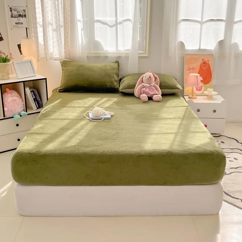 Winter Warm Velvet Fitted Sheet Solid Color Bedsheet Soft Bed Cover Queen Size Bed Linen Home Sheet Couvre Lit