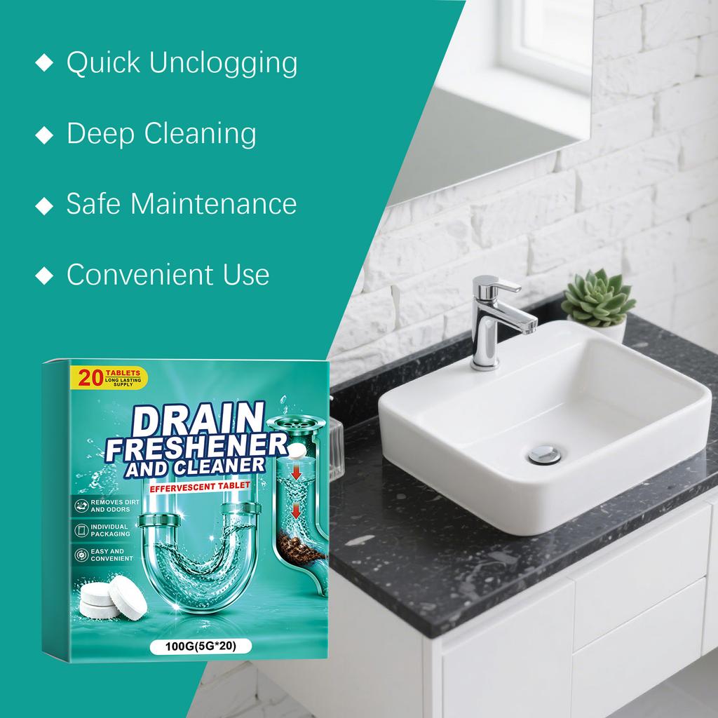 Effervescent Drain Cleaner Tablets for Kitchen Bathroom and Floor Drains Removes Dirt and Odors Dissolves Clogs and Freshens Pipes 20 Count