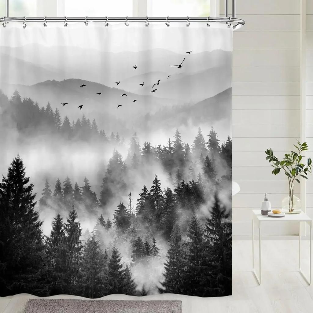 Green Shower Curtain Natural Mountain View Pine Bathroom Decorative Fabric Polyester Waterproof Shower Curtain 90X180CM