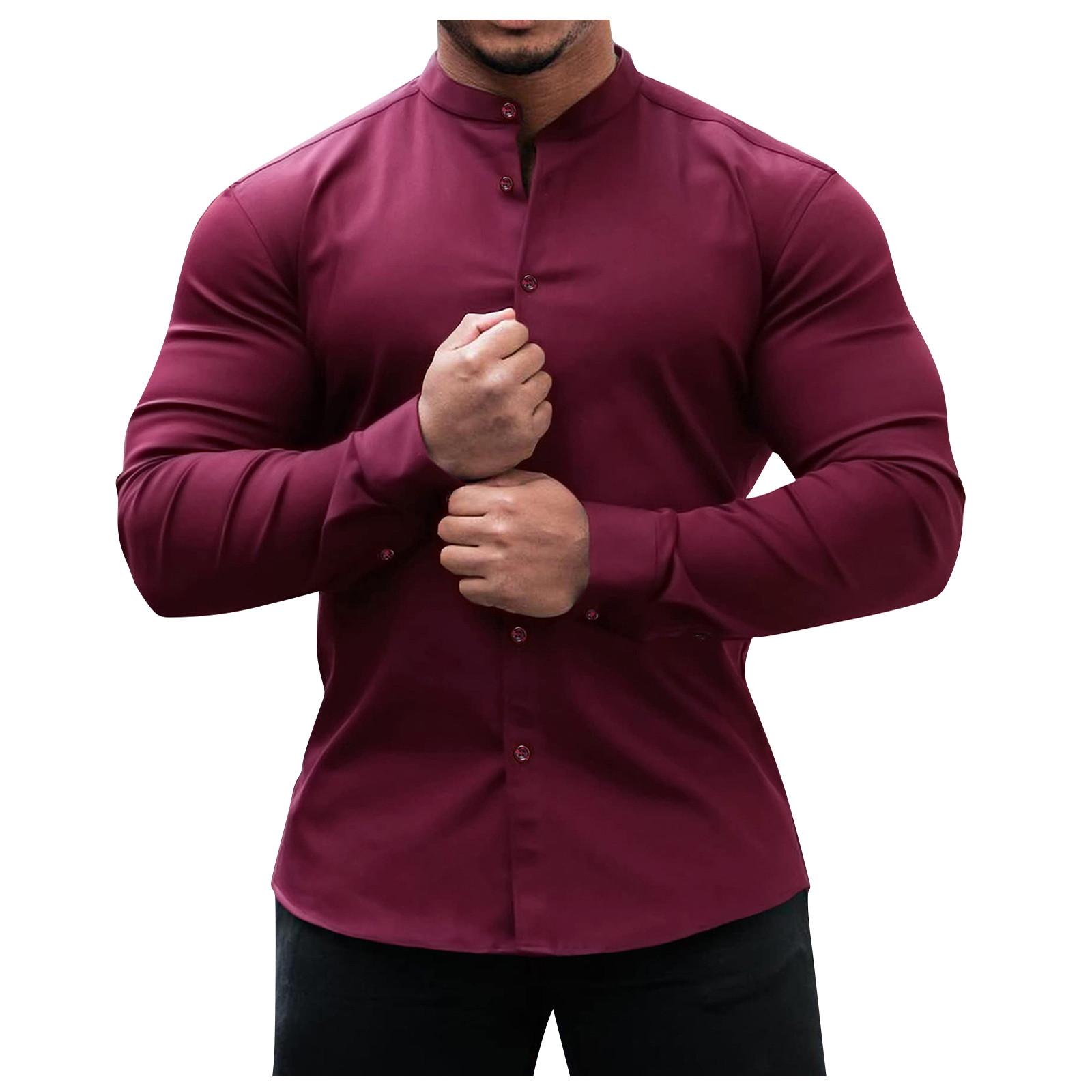 

(SU)Мужские классические рубашки Slim Fit, эластичные повседневные рубашки на пуговицах с длинными рукавами для мужчин