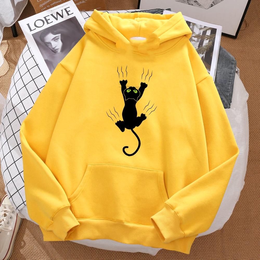 Unisex Naughty Black Cat Printed Hoody Hip Hop Fleece Sweatshirt Soft Warm Harajuku Style Cartoon Character Comfortable Moto