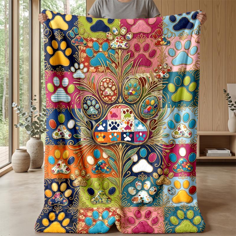Colorful Paw Prints Pattern Blanket Personalized Name Flannel Blanket Soft Cozy Plush Throw for Sofa Bed Lightweight Home Decor