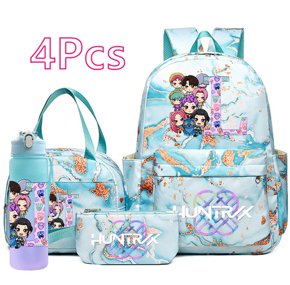 4Pcs/set Cartoon K-Pop Printed Large Capacity Backpack Handbag Pencil Case with 750Ml Water Bottler for Teenager Boy Girl Schoolbag Bookbag Mochila