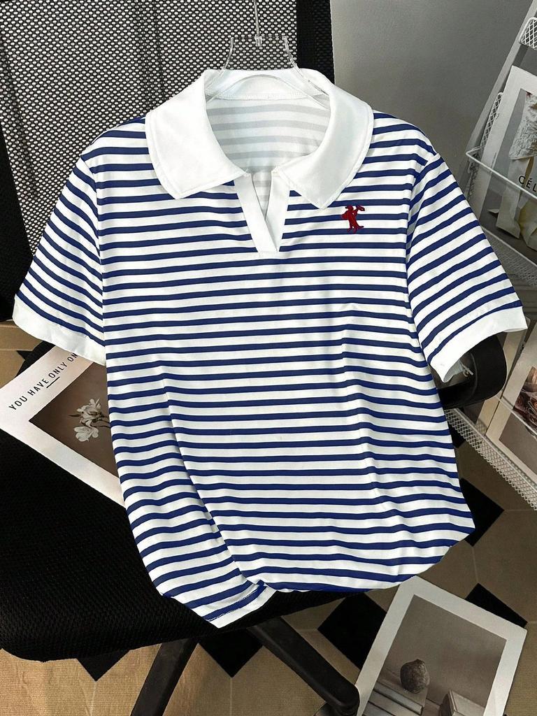 T-shirt a maniche corte con colletto a righe da donna, Nuova versione coreana estiva ampia, Camicia da donna versatile snellente come top