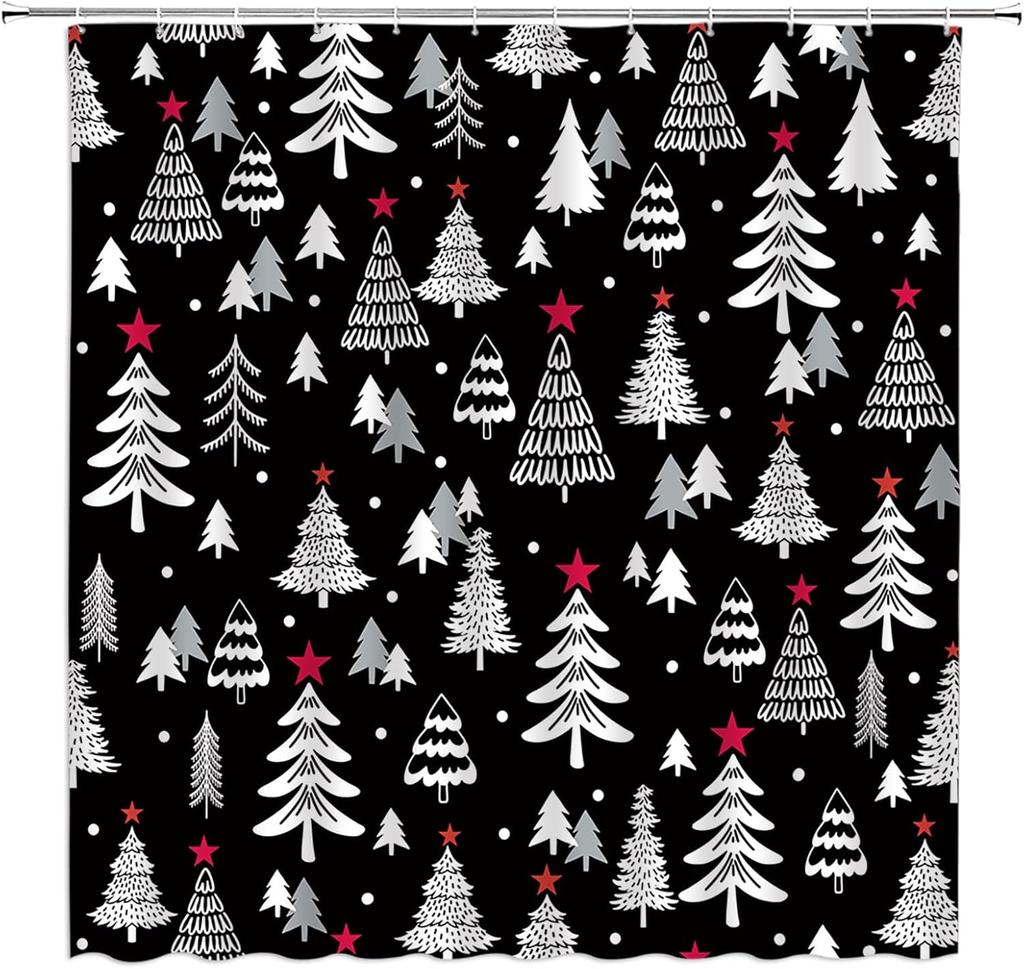 Christmas Tree Shower Curtain Blue Cute Xmas Tree Stars Cartoon Winter Holiday Merry Christmas New Year Bathroom Decor