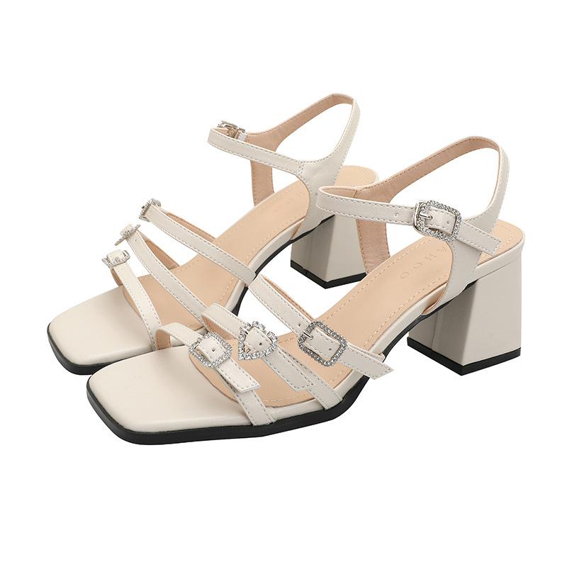 

Summer Women Rhinestone Chunky Heel Sandals, Square Toe Open Toe Fairy Style Roman Sandals, Elegant Fashion High Heels for Dress Matching 35 абрикосовый