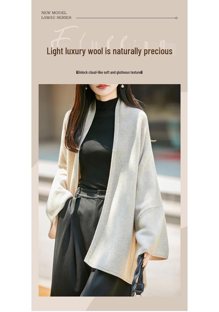 Women's 100% Wool V-neck Loose Knit Pullover Shawl - Solid Color Casual Sweater for Autumn/Winter