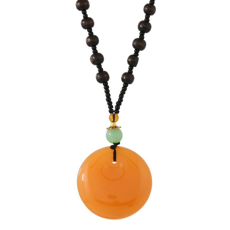 Wood Bead Beeswax Necklace No Matter Brand Pixiu Pendant Chicken Oil Yellow Amber Men's and Women's Long Sweater Chain Pendant