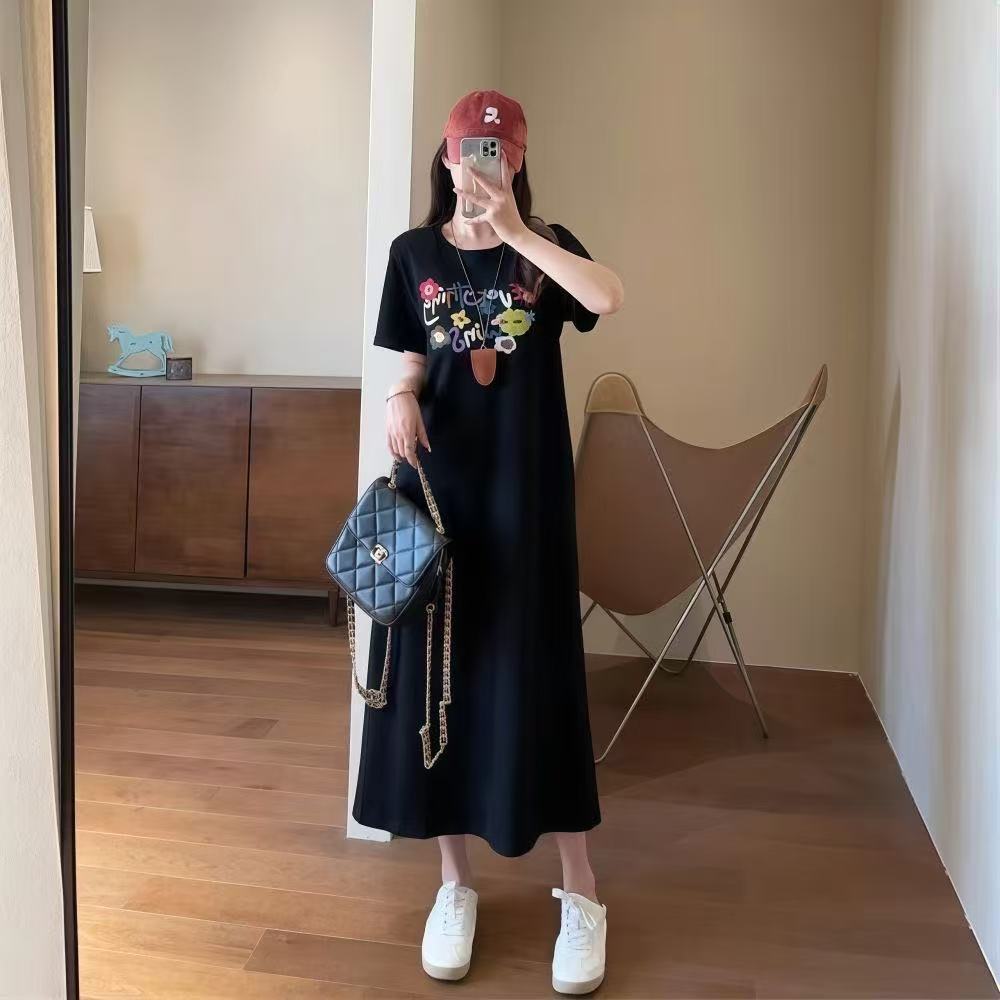 2026 Summer Short-Sleeve Printed Dress, Korean Casual Lazy T-Shirt, Loose Plus Size Over-the-Knee Long Skirt