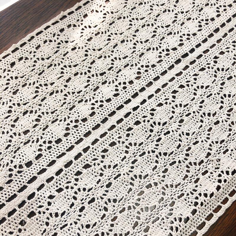 French Lace Rectangular Polyester Linen Woven Table Runner - Decorative Table Cover with Hollow Crochet Design for Coffee Table, TV Stand, Long Table