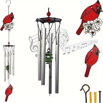 Red Bird Metal Wind Chime - Vibrant Red Creative Wind Chime Memorial Gift for Indoor/Outdoor Garden Decoration, 24 Inches