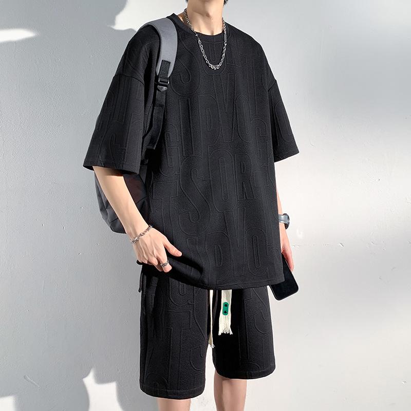 

Мужские комплекты, летние футболки с круглым вырезом, мешковатые шорты Харадзюку, дышащие мужские уличные подростковые стильные красивые крутые комплекты XS чёрный