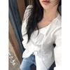 Korean Chic Lace-up Embroidered Dark Pattern Collarless Long Sleeve Shirt for Women