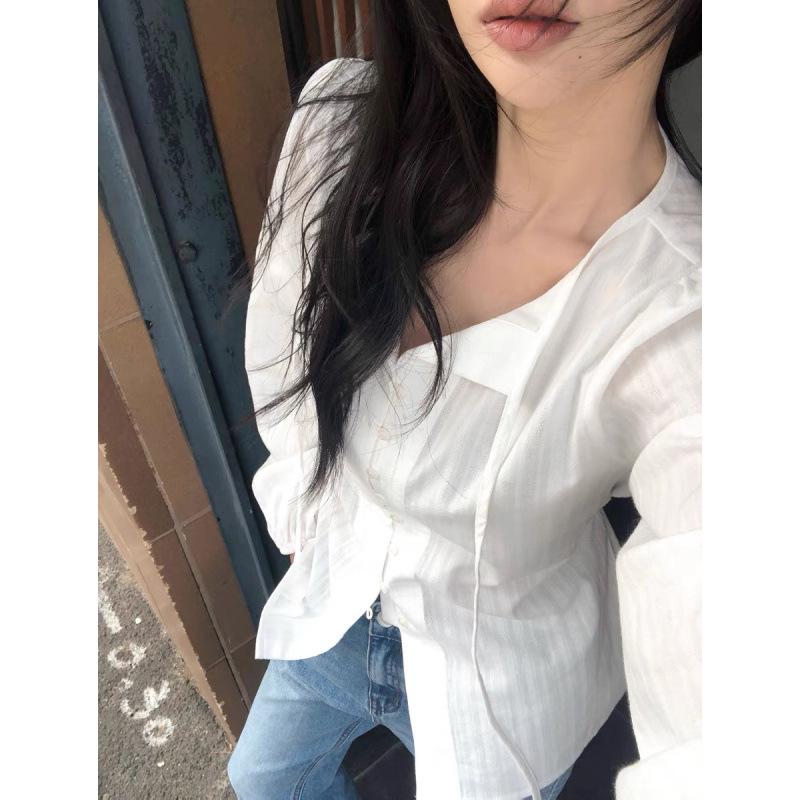 Korean Chic Lace-up Embroidered Dark Pattern Collarless Long Sleeve Shirt for Women