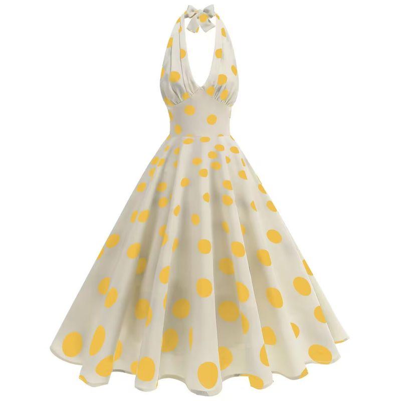 Hong Kong Style Retro S Sense New Deep V-neck Hanging Neck Backless Dots Polka Dot Sleeveless Dress Formal Dress Dance Skirt