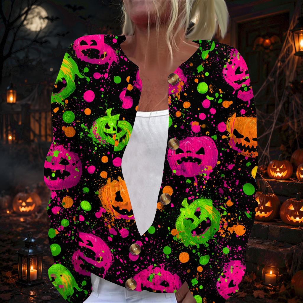 Women's Long Sleeve Cardigan with Halloween Print Button Front for Party Outwear