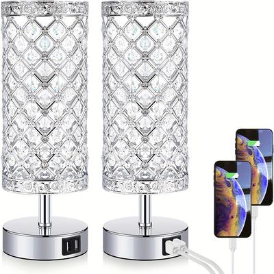 1 Pachet Lămpi de Masă Cristal cu Control Tactil și 2 Porturi USB, Lămpi de Noptieră Reglabile pe 3 Niveluri cu Cristal Decorativ, Mici Lămpi de Masă