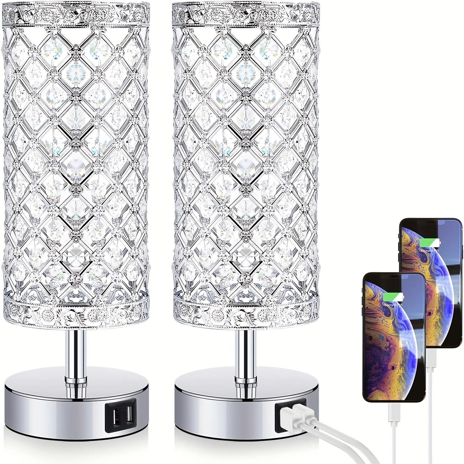 1 Confezione Lampade da Tavolo in Cristallo a Controllo Tattile con 2 Porte USB, Lampade da Comodino Dimmerabili a 3 Vie con Cristallo Decorativo, Lam