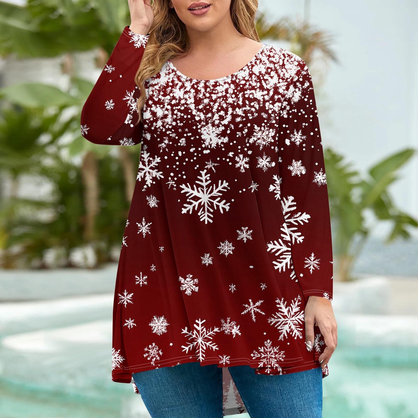 

Женская мода большого размера с круглым вырезом и длинным рукавом, повседневный свободный пуловер с рождественским принтом XXXXL