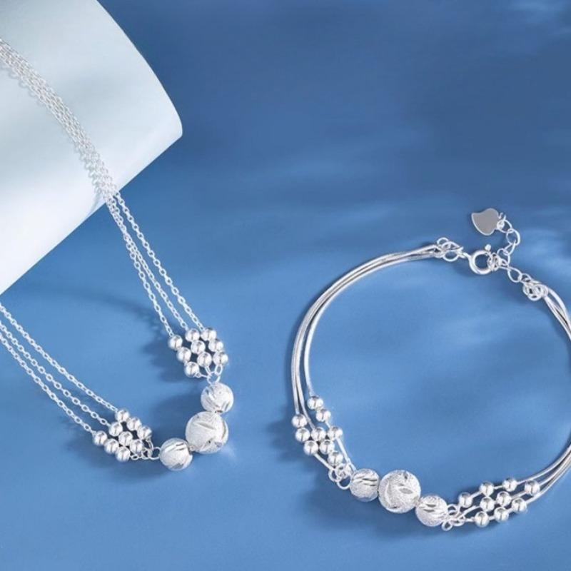 925 Silver Ball Necklace Bracelet Set for Woman Luxury Original Multi Layer Beads Jewelry Set Party Exquisite Jewelry