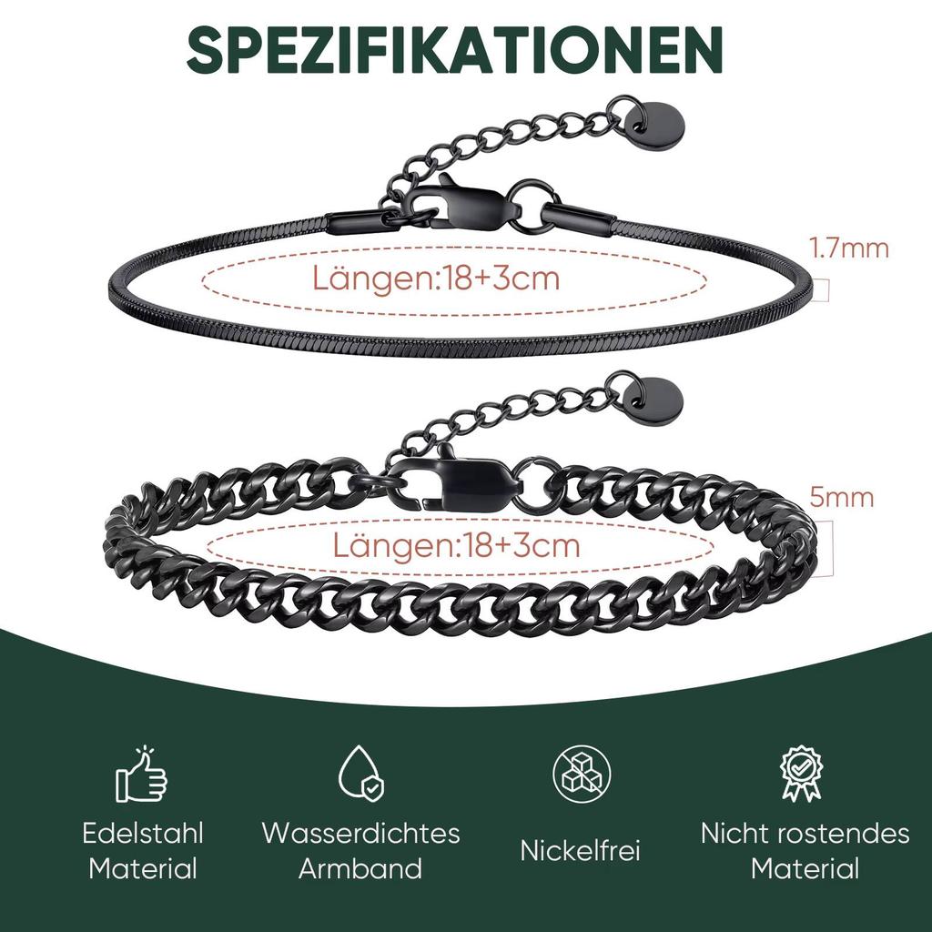 Vnox 2pcs Snake Cuban Link Chain Bracelet Set Black Silver Color Stainless Steel Adjustable 18-21cm Wristband Gift for Men Women