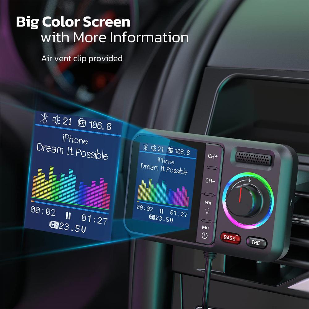 Wireless FM Transmitter 2.4A QC3.0 Dual USB Fast Charging Hands-Free Call Car AUX Adapter MP3 Music Player with Big Color Screen