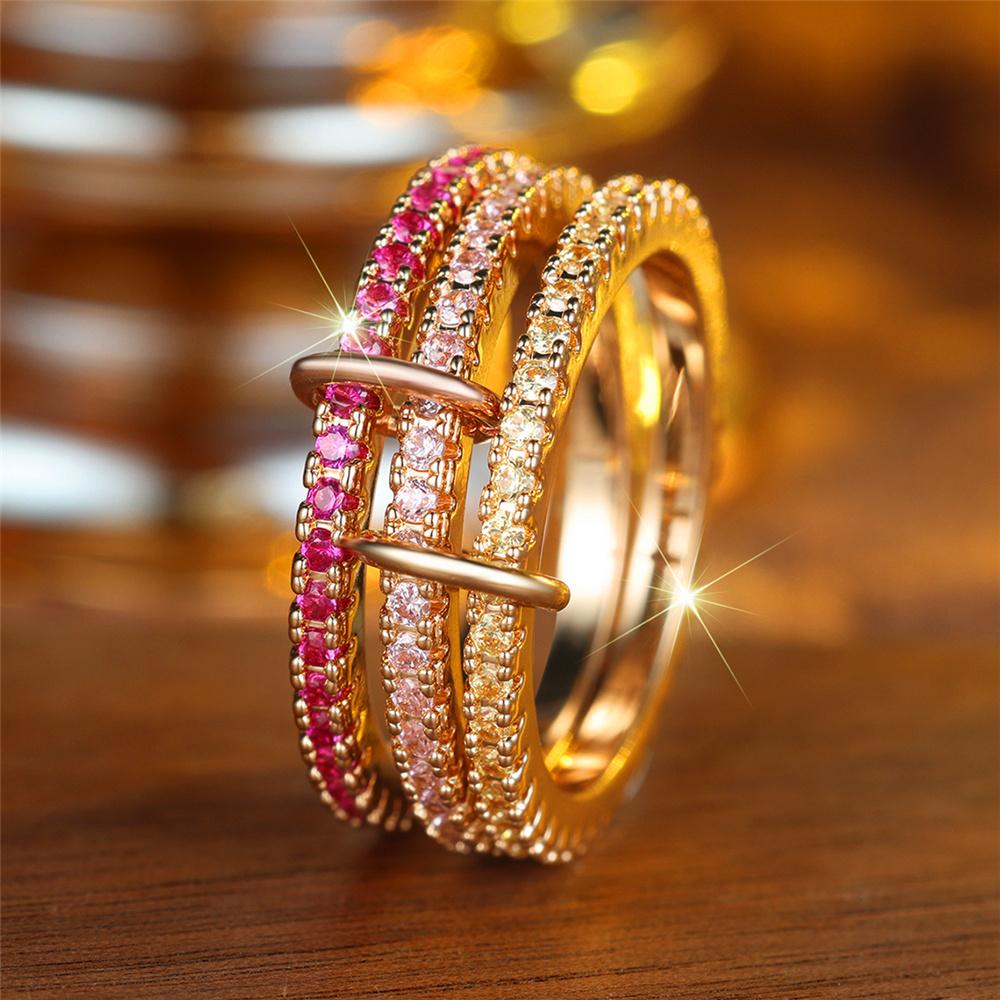Luxuriöses Damen-Verlobungsring-Set mit weißen und roten Zirkonsteinen, Vintage-Goldfarbe, Braut-Eheringe, Party-Schmuck für Frauen