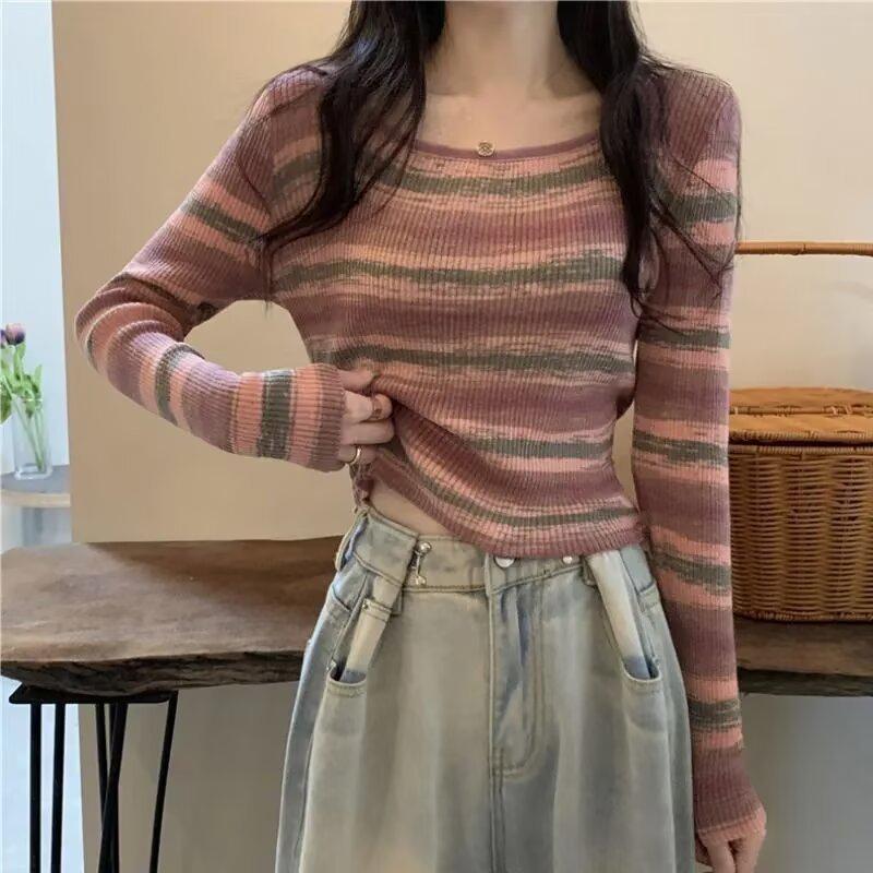 Square Neck Striped Long Sleeve Knit Top for Women - 2026 Autumn/Winter Slimming, Figure-Flattering Base Layer
