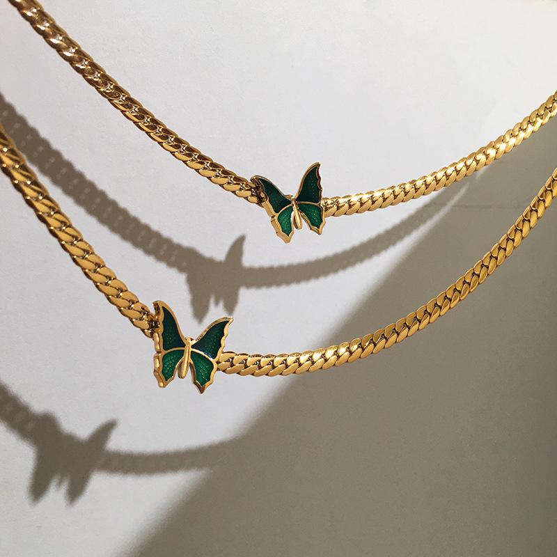 18k Gold Titanium Steel Snake Bone Chain Vintage Green Butterfly Choker Necklace for Women