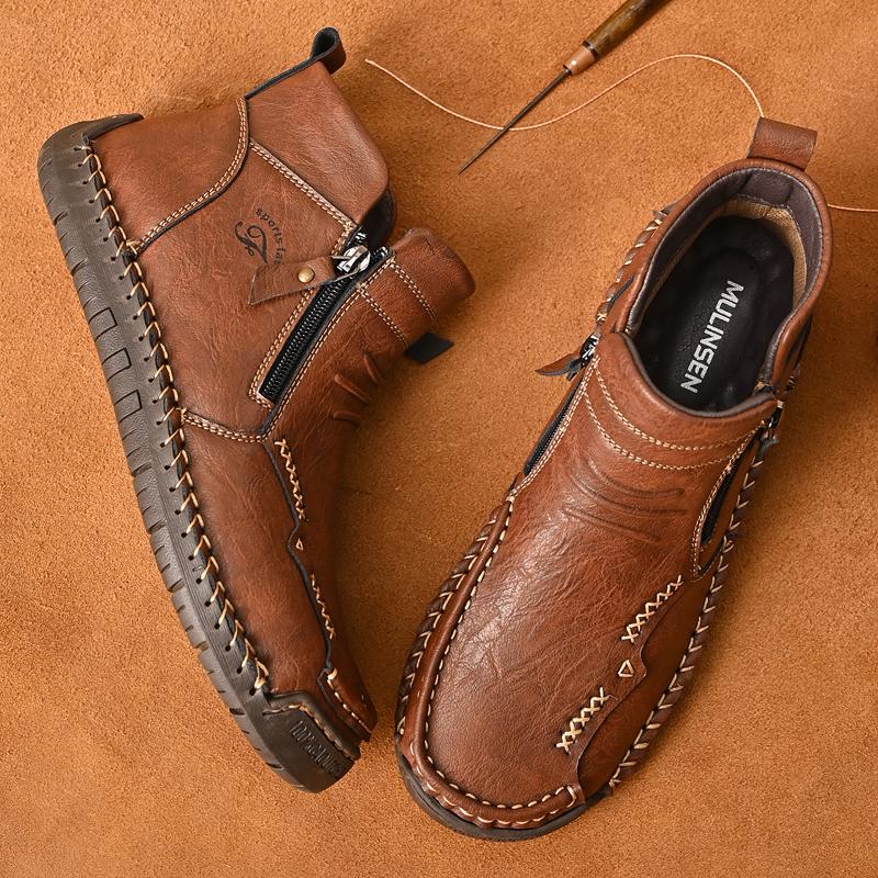Men's Leather Boots Zipper High Top Casual Shoes