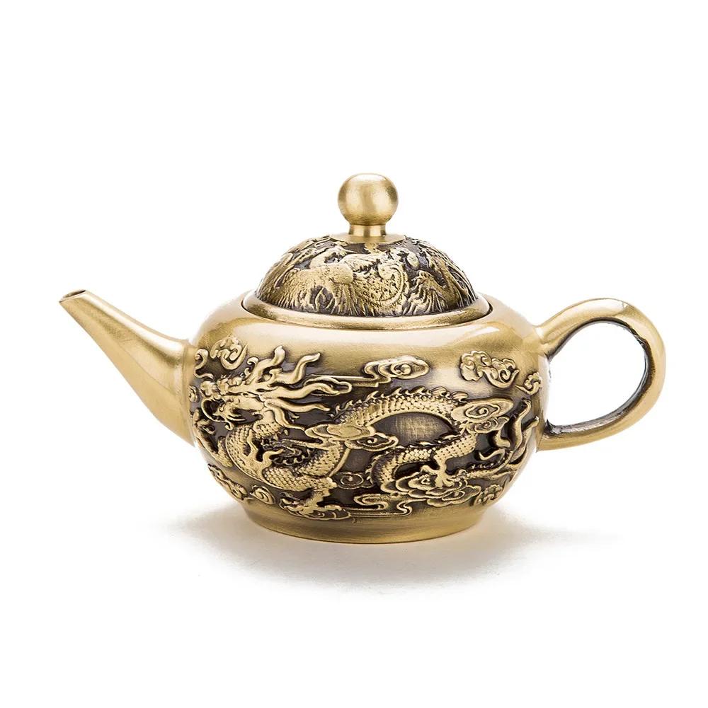 

Brass Vintage Dragon Phoenix Chengxiang Tea Pot Office Desktop Home Decoration Crafts Small