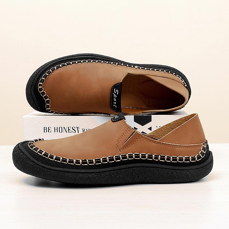 Men Handmade Leather Shoes Casual Hiking Shoes Outdoor Grey Walking Driving Shoes Over Sized Brown Slip On