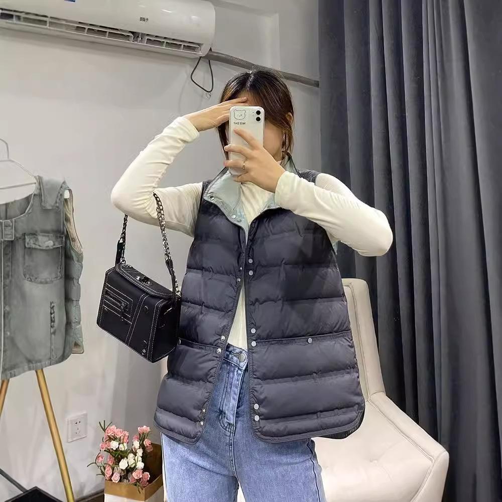 

Winter Seamless Embossed Puffer Gilets Women Ultra Light Stand Collar Short Vest White Duck Down Soft Waistcoat XS серый