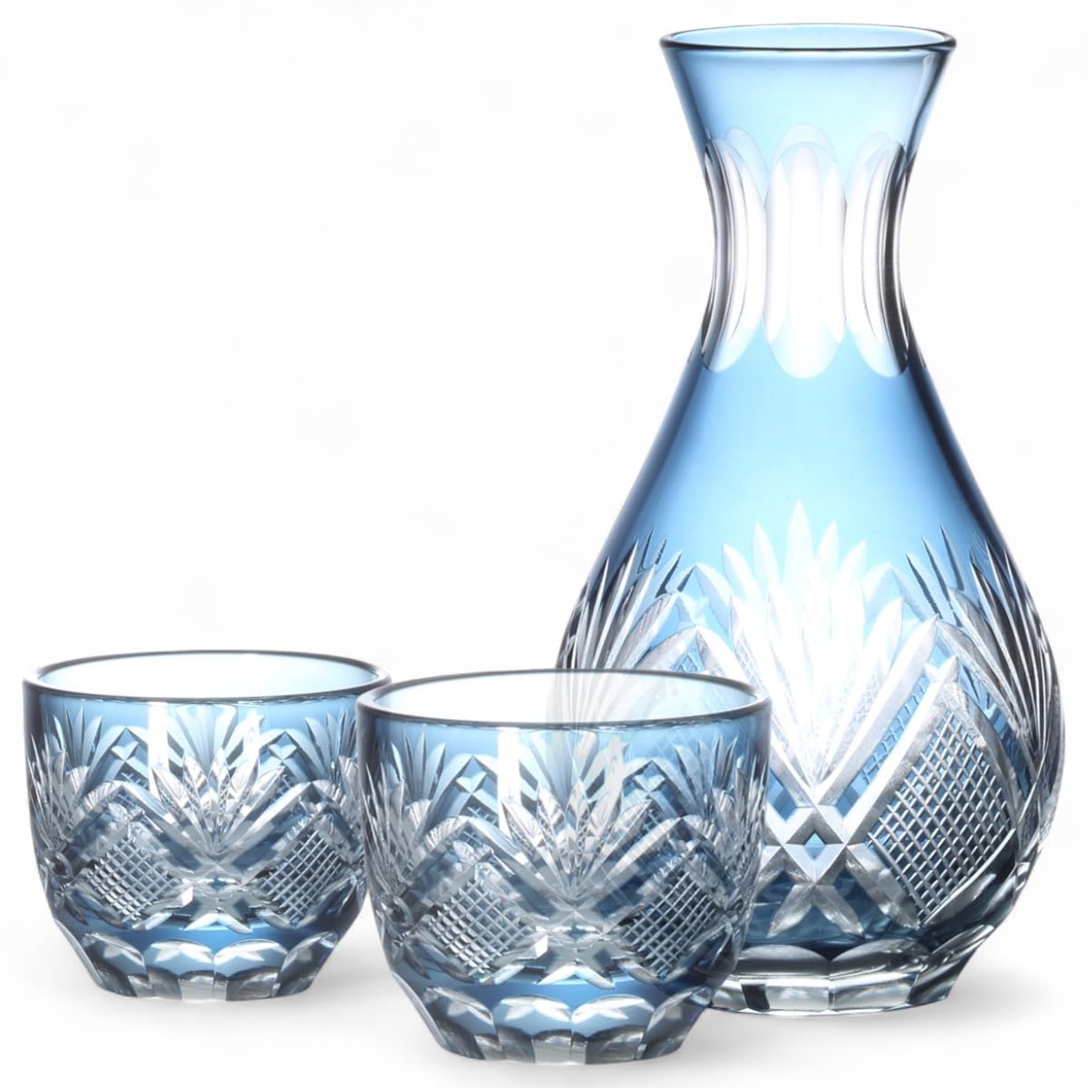 

Mizukage Kiriko Glass Cups for Sake of 1 Sake Bottle and 2 Sake Flower and Arrow Ink Current Model J-kitchens (Set Cups) Design, Blue,