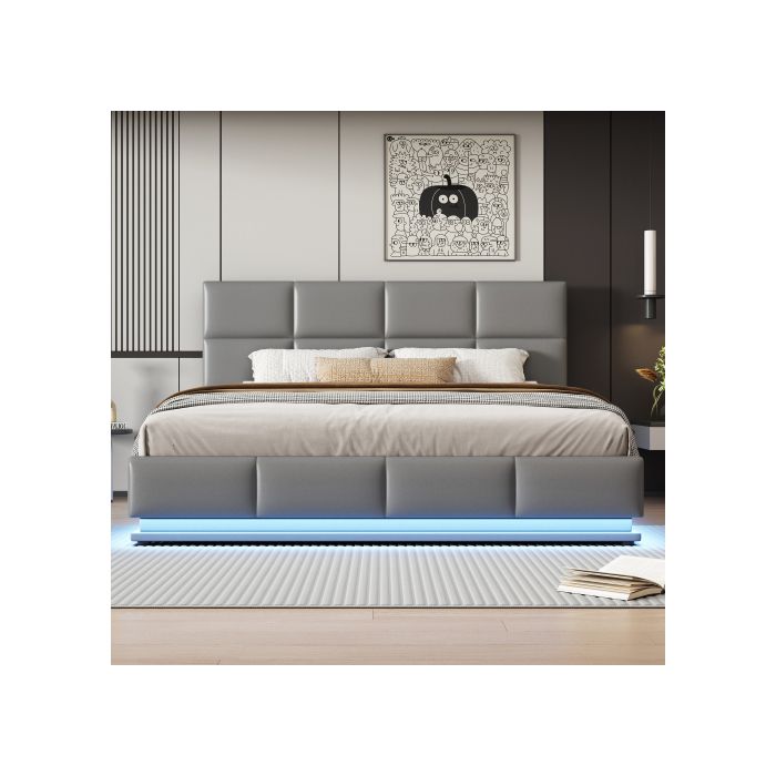 Bett - MUVOE - 180x200 cm - LED-Beleuchtung - Hydraulischer Stauraum - Helles Kunstleder