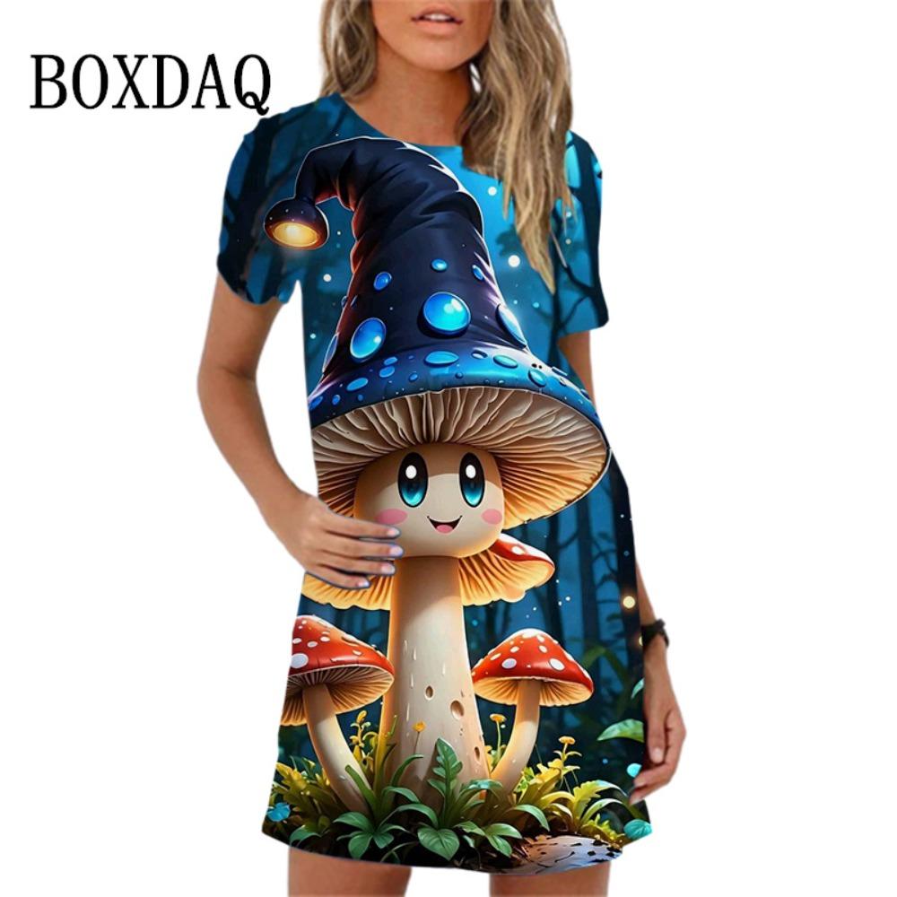 New Summer Mushroom Print Loose Dress Women s A-line Dress Women s Short-sleeved O-neck Sweet Fashion Dress S