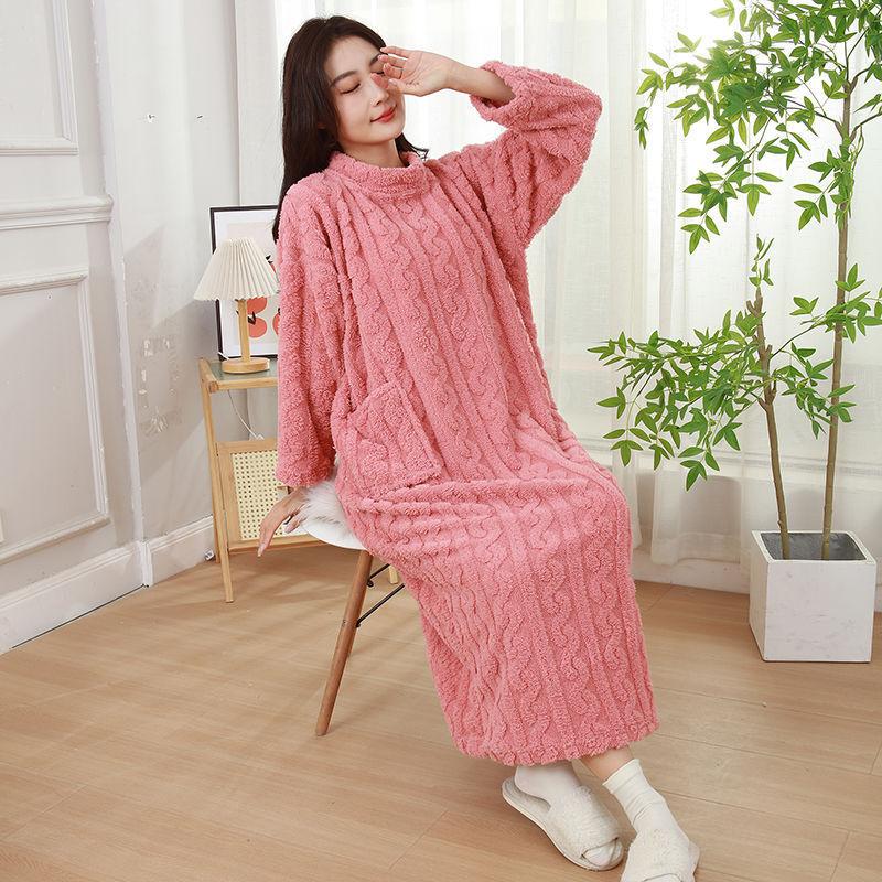 Women's Mock Neck Cable Knit Fleece Nightgown, Winter Warm Long Plush Sleep Dress with Big Pockets, Loose Cozy Loungewear