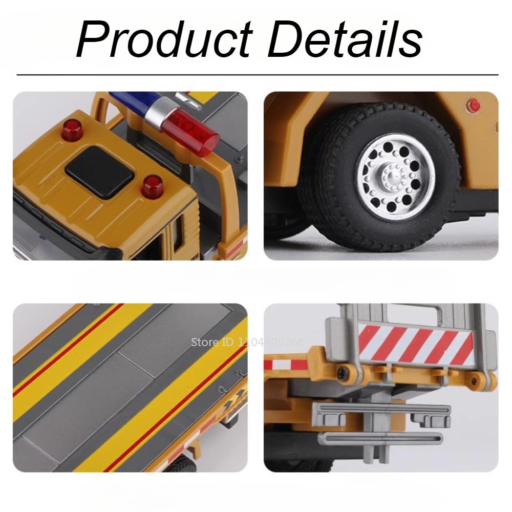 1:32 Flatbed Trailer Roadblock Transpot Truck Model Toy Alloy Diecast Vehicle Simulation Engineering Models Sound Light Gifts
