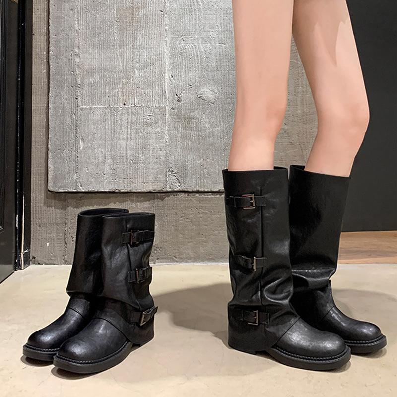 Su Yinyin, the same Spice Girl pant tube boots, thick-soled heightened medium tube belt buckle, western knight boots, black stacking boots for women