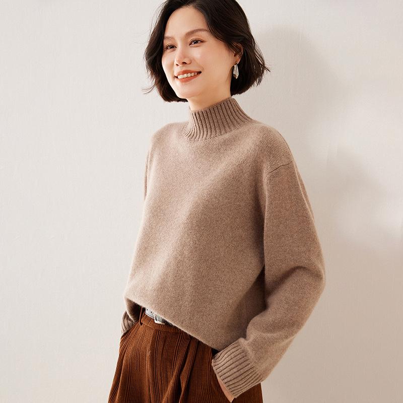 Women's 2025 Fashionable Cashmere Pullover: Long Sleeve, Autumn/Winter, Thick Warm Soft Half-High Collar Loose Knitwear.