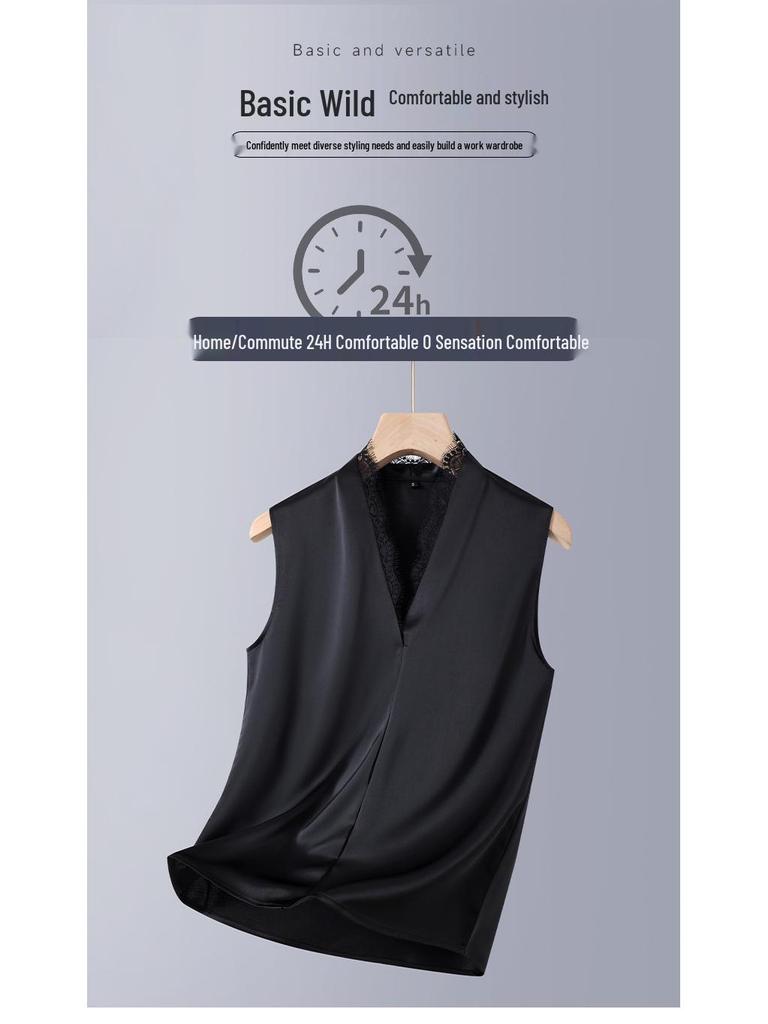Black Spring/Summer Satin Lace Trim Vest – Slimming Women's Elegant Layered Top