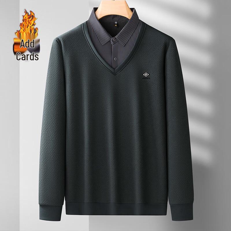 Men's Plus Size Fleece-lined Faux Two-piece Shirt Collar Sweatshirt