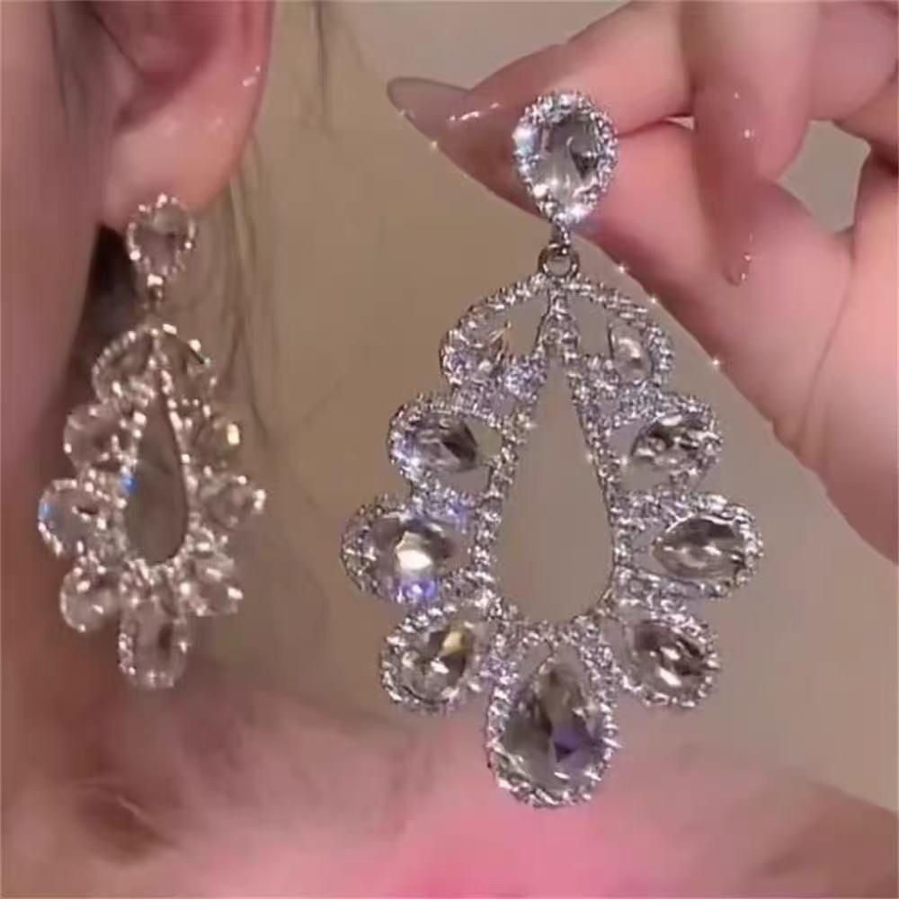 Silver Needle Diamond Water Drop Tassel Earrings - Elegant Court Style, Versatile & Luxurious Design.