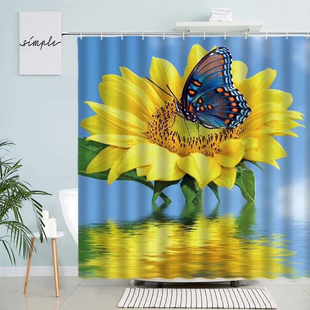 Natural Sunflower Shower Curtains Rural Scenery Floral Yellow Flower Green Leaves Plants Polyester Fabric Bathroom Curtain Decor